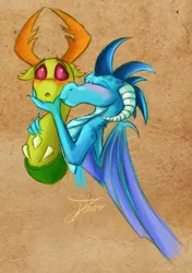 Size: 333x473 | Tagged: safe, artist:jamescorck, derpibooru import, princess ember, thorax, changedling, changeling, pony, blushing, embrax, female, interspecies, king thorax, kissing on the cheek, male, shipping, straight