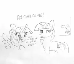 Size: 1641x1440 | Tagged: suggestive, artist:tjpones, derpibooru import, spike, twilight sparkle, twilight sparkle (alicorn), alicorn, dragon, pony, unicorn, dialogue, dusk shine, female, imminent selfcest, imminent sex, lineart, male, mare, now neither of us will be virgins, r63 paradox, rule 63, self ponidox, stallion, unicorn twilight, vulgar