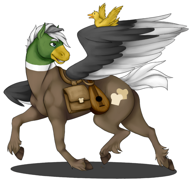 Size: 1035x987 | Tagged: safe, artist:waxraven, derpibooru import, oc, oc:dolan, oc:duk, bird, duck, duck pony, pegasus, pony, ponyfinder, bag, bard, dungeons and dragons, fantasy class, lute, pen and paper rpg, quack, quak, realistic, realistic anatomy, rpg, saddle bag, simple background, solo, transparent background