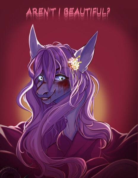 Size: 1024x1322 | Tagged: grimdark, artist:velirenrey, derpibooru import, oc, unofficial characters only, pony, blood, bust, female, flower, flower in hair, mare, open mouth, portrait, smiling, solo