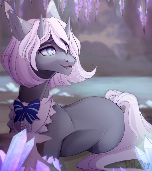 Size: 2080x2340 | Tagged: safe, artist:velirenrey, derpibooru import, oc, unofficial characters only, demon, demon pony, original species, pony, crystal, fangs, female, mare, neck bow, open mouth, smiling, solo