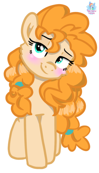 Size: 627x1090 | Tagged: safe, artist:rainbow eevee, derpibooru import, pear butter, earth pony, pony, bedroom eyes, blushing, female, hooves, looking at you, mare, simple background, solo, transparent background