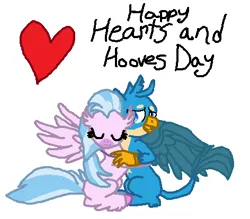 Size: 472x414 | Tagged: safe, artist:nightshadowmlp, derpibooru import, gallus, silverstream, classical hippogriff, gryphon, hippogriff, what lies beneath, cute, diastreamies, female, gallabetes, gallstream, heart, hearts and hooves day, holiday, hug, interspecies, male, scene interpretation, shipping, simple background, straight, text, valentine's day, white background