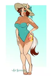Size: 2120x3180 | Tagged: suggestive, artist:askbubblelee, derpibooru import, oc, oc:honeycrisp meadow, unofficial characters only, anthro, earth pony, unguligrade anthro, anthro oc, big breasts, breasts, cleavage, clothes, colored sketch, commission, female, hat, mare, milf, one-piece swimsuit, signature, solo, solo female, sun hat, swimsuit