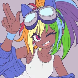 Size: 800x800 | Tagged: armpits, artist:kaikoinu, breasts, clothes, dark skin, delicious flat chest, derpibooru import, female, human, humanized, kotobukiya, kotobukiya rainbow dash, one eye closed, open mouth, rainbow dash, rainbow flat, safe, shirt, solo, wristband