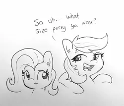 Size: 1507x1287 | Tagged: suggestive, artist:tjpones, derpibooru import, fluttershy, rainbow dash, pony, bust, female, flirting, flutterdash, lesbian, lineart, mare, monochrome, open mouth, sexual harassment, shipping, simple background, sketch, smiling, speech, talking, traditional art, vulgar