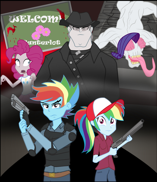 Size: 5433x6291 | Tagged: semi-grimdark, artist:urhangrzerg, derpibooru import, bulk biceps, pinkie pie, rainbow dash, rarity, undead, zombie, equestria girls, absurd resolution, claire redfield, equestria guys, leon scott kennedy, licker, male, mr x, mutant, mutated zombie, rainbow blitz, resident evil, resident evil 2, resident evil 2 remake, rule 63, sharp teeth, teeth, tyrant (resident evil)