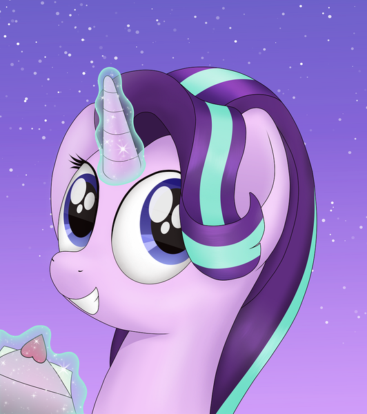 Size: 993x1120 | Tagged: safe, artist:noosa, derpibooru import, starlight glimmer, pony, unicorn, female, grin, holiday, looking at you, magic, mare, simple background, smiling, solo, stars, valentine, valentine's day, valentines day card