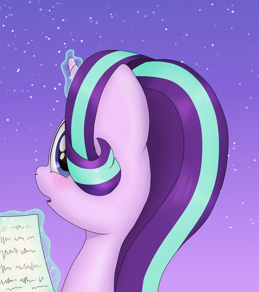 1569748 - safe, artist:noosa, derpibooru import, starlight glimmer, pony,  unicorn, blushing, female, holiday, looking at you, magic, mare, reading,  simple background, solo, stars, surprised, valentine, valentine&#39;s day,  valentines day card - Twibooru