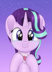 Size: 993x1363 | Tagged: safe, artist:noosa, derpibooru import, starlight glimmer, pony, unicorn, bipedal, crying, cute, female, glimmerbetes, happy, holiday, hoof hold, looking at you, magic, mare, simple background, smiling, solo, stars, tears of joy, valentine, valentine's day, valentines day card