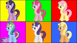 Size: 1280x720 | Tagged: safe, derpibooru import, applejack, fluttershy, pinkie pie, rainbow dash, rarity, starlight glimmer, twilight sparkle, pony, unicorn, mane six, palette swap, race swap, recolor