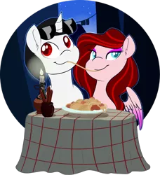 Size: 1455x1594 | Tagged: safe, artist:xwhitedreamsx, derpibooru import, oc, oc:tilly, pegasus, pony, unicorn, bella notte, breadsticks, candle, candlelight dinner, colored wings, commission, female, food, gradient wings, lady and the tramp, looking at you, male, mare, pasta, simple background, spaghetti, spaghetti scene, stallion, table, transparent background, wings, ych result