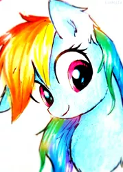 Size: 1504x2105 | Tagged: safe, artist:liaaqila, derpibooru import, rainbow dash, pegasus, pony, bust, cheek fluff, chest fluff, close-up, cute, dashabetes, ear fluff, female, floppy ears, fluffy, head tilt, looking at you, mare, simple background, smiling, solo, traditional art, weapons-grade cute, white background