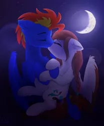 Size: 1716x2073 | Tagged: safe, artist:airfly-pony, derpibooru import, oc, oc:scarlett drop, oc:wing hurricane, unofficial characters only, pegasus, pony, cloud, cute, digital art, ear fluff, eyes closed, holiday, hug, kissing, male, moon, moonlight, night, pigtails, rcf community, scarricane, shipping, stallion, stars, tradigital art, traditional art, valentine, valentine's day