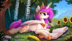 Size: 1024x583 | Tagged: safe, artist:yakovlev-vad, derpibooru import, edit, editor:assturtle, princess celestia, alicorn, pony, :p, book, bookmark, cheek fluff, chest fluff, clothes, crown, cute, cutelestia, cutie mark, female, flower, fluffy, food, forest, fudgesicle, grass, hoof shoes, ice cream, jewelry, leg fluff, levitation, licking, lidded eyes, magic, mare, mlem, mountain, nature, necklace, outdoors, peytral, pink-mane celestia, prone, regalia, scenery, shoes, shoulder fluff, sideways glance, silly, smiling, solo, spread wings, summer, sunflower, telekinesis, tiara, tongue out, tree, wing fluff, wings