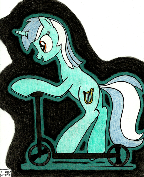 Size: 2453x3004 | Tagged: safe, artist:aracage, derpibooru import, lyra heartstrings, pony, unicorn, female, mare, scooter, solo, traditional art