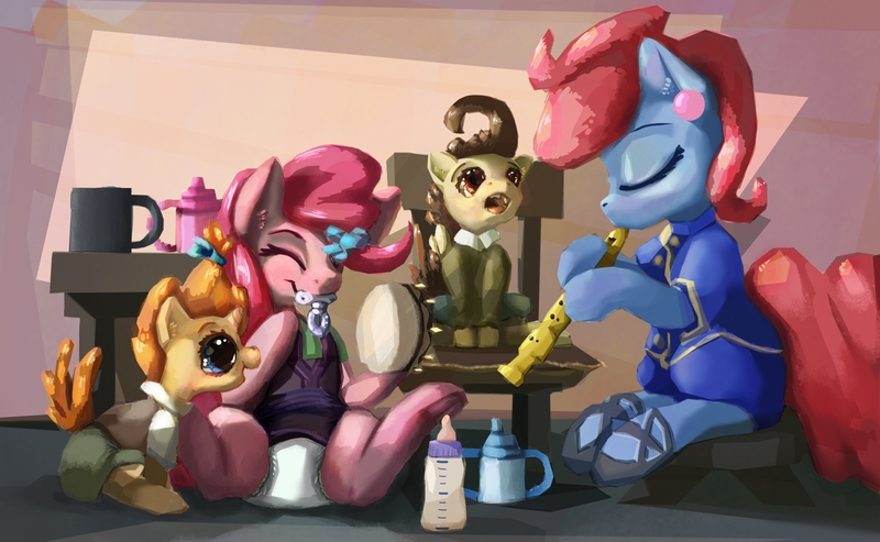 Size: 1928x1188 | Tagged: suggestive, artist:asdfasfasda, derpibooru import, cup cake, pinkie pie, pound cake, pumpkin cake, pony, adult foal, baby bottle, cake twins, cup, cute, diaper, diaper fetish, fetish, flute, foal, foal bottle, musical instrument, pacifier, poundabetes, pumpkinbetes, siblings, sippy cup, tambourine, twins