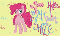 Size: 9500x5787 | Tagged: safe, artist:lepsyjack, derpibooru import, pinkie pie, earth pony, pony, absurd resolution, cute, diapinkes, female, heart, heart eyes, holiday, mare, one eye closed, open mouth, solo, valentine, valentine's day, valentine's day card, wingding eyes, wink