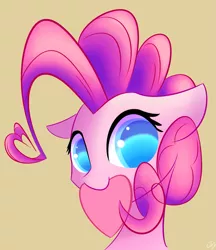 Size: 1653x1910 | Tagged: safe, artist:creepypastapon3, derpibooru import, pinkie pie, pony, bust, colored pupils, cute, diapinkes, floppy ears, heart, holiday, mouth hold, portrait, solo, tan background, transparent mane, valentine, valentine's day