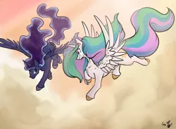 Size: 2795x2045 | Tagged: safe, artist:greyscaleart, derpibooru import, princess celestia, princess luna, alicorn, pony, constellation freckles, cute, duo, female, flying, freckles, greyscaleart is trying to murder us, looking at each other, mare, royal sisters, siblings, sisters, sky, smiling, spread wings, wings