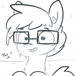 Size: 1650x1650 | Tagged: safe, artist:tjpones, derpibooru import, oc, oc:tjpones, unofficial characters only, earth pony, pony, climate change, dialogue, ear fluff, freezing, frozen, glasses, grayscale, grin, hypothermia, ice, lineart, male, monochrome, ok, polar vortex, simple background, smiling, snow, solo, stallion, this is fine, white background, wide eyes