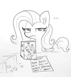 Size: 1307x1401 | Tagged: suggestive, artist:tjpones, derpibooru import, fluttershy, pegasus, pony, ..., ear fluff, female, fluttershy is not amused, glare, grayscale, lineart, looking at you, mare, monochrome, penetrable sex toy, receipt, roommates, sex toy, simple background, solo, traditional art, unamused