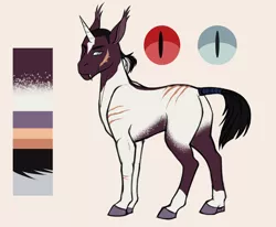 Size: 2124x1752 | Tagged: safe, artist:blackblood-queen, derpibooru import, oc, oc:demetrius crow, unofficial characters only, bat pony, bat pony unicorn, hybrid, unicorn, fangs, female, heterochromia, horn, mare, redesign, reference sheet, slit eyes, solo