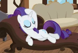 Size: 769x530 | Tagged: safe, derpibooru import, screencap, rarity, pony, unicorn, it isn't the mane thing about you, cropped, draw me like one of your french girls, eyes closed, fainting couch, female, lying down, mare, sexy, sitting, smiling, solo