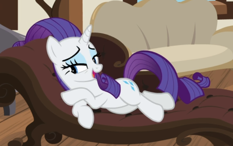 Size: 763x479 | Tagged: safe, derpibooru import, screencap, rarity, pony, unicorn, it isn't the mane thing about you, cropped, draw me like one of your french girls, fainting couch, female, lidded eyes, lying down, mare, open mouth, sitting, smiling, solo