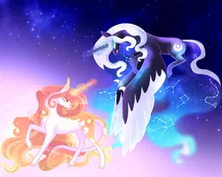 Size: 2000x1600 | Tagged: safe, artist:sugaryicecreammlp, derpibooru import, oc, oc:lullaby, oc:sunlight, unofficial characters only, alicorn, classical unicorn, pony, unicorn, alicorn oc, cloven hooves, constellation, cousins, ethereal mane, female, horn, leonine tail, magic, mare, next generation, offspring, parent:nightmare moon, parent:princess celestia, solo, starry mane, unshorn fetlocks, wings