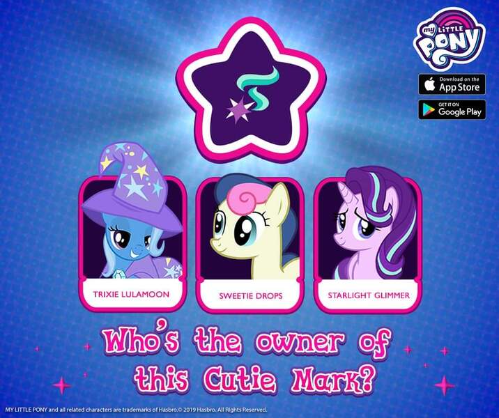 Size: 940x788 | Tagged: safe, derpibooru import, official, bon bon, starlight glimmer, sweetie drops, trixie, earth pony, pony, unicorn, abstract background, cape, clothes, cutie mark, female, gameloft, glow, grin, hat, lidded eyes, mare, quiz, smiling, smirk, sparkles, text, trixie's cape, trixie's hat