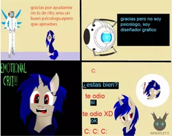Size: 2408x1920 | Tagged: safe, artist:wheatley r.h., derpibooru import, oc, oc:wheatley ii, oc:zoey gallade, unofficial characters only, pony, unicorn, 4 panel comic, angry, blood, bloody knife, clothes, comic, crit, critical hit, dialogue, emotional crit!, female, hair, happy, horn, implied oc, jacket, knife, lab coat, looking up, mane, mare, missing cutie mark, misspelling, old oc, old work, open mouth, personality core, portal (valve), portal 2, red eyes, shocked, simple background, spanish, spanish text, tall, thought bubble, translated in the description, unicorn oc, vector, watermark, wheatley, wings