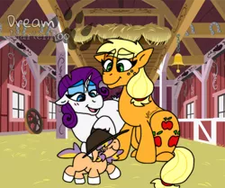 Size: 1228x1029 | Tagged: safe, artist:faunaflight, derpibooru import, applejack, rarity, oc, pony, cute, female, foal, jackabetes, lesbian, magical lesbian spawn, ocbetes, offspring, parent:applejack, parent:rarity, parents:rarijack, raribetes, rarijack, shipping