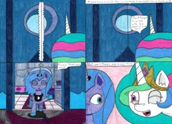 Size: 4248x3058 | Tagged: safe, artist:eternaljonathan, derpibooru import, princess celestia, princess luna, alicorn, pony, comic:first three back, bathroom, bedroom, canterlot, canterlot castle, comic, deviantart, door, flushing, royal sisters, shower, toilet