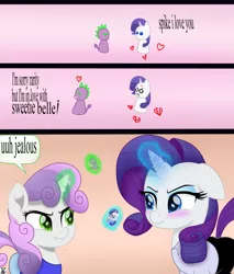 Size: 3499x4100 | Tagged: safe, artist:theretroart88, derpibooru import, rarity, spike, sweetie belle, pony, angry, annoyed, blushing, clothes, comic, cross-popping veins, eye contact, female, figurine, filly, frown, glare, glowing horn, gradient background, grin, gritted teeth, heart, heartbreak, horn, jealous, levitation, lidded eyes, looking at each other, magic, male, mare, movie accurate, orange background, pants, pink background, rarity is not amused, shipping, shipping war, shirt, siblings, simple background, sisters, smiling, smirk, sparity, speech bubble, spikebelle, straight, telekinesis, text, unamused