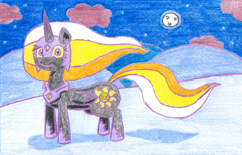 Size: 2314x1486 | Tagged: safe, artist:eternaljonathan, derpibooru import, daybreaker, nightmare moon, oc, oc:night bright fright, alicorn, pony, deviantart, moon, traditional art