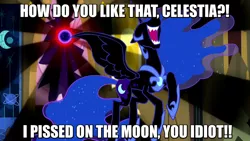 Size: 1280x720 | Tagged: safe, derpibooru import, edit, edited screencap, screencap, nightmare moon, tantabus, alicorn, pony, do princesses dream of magic sheep, caption, crossover, doctor eggman, eggman pisses on the moon, ethereal mane, female, image macro, implied pissing, implied princess celestia, mare, moon, nose in the air, open mouth, real-time fandub, sharp teeth, solo, sonic adventure 2, sonic the hedgehog (series), spread wings, starry mane, teeth, text, volumetric mouth, vulgar, wat, wings