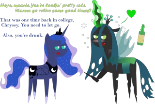 Size: 3503x2369 | Tagged: safe, artist:sketchmcreations, derpibooru import, princess luna, queen chrysalis, alicorn, changeling, changeling queen, pony, alcohol, chrysaluna, drunk, female, glowing horn, hearts and hooves day, holiday, hoof shoes, horn, inkscape, lesbian, magic, pointy ponies, shipping, simple background, telekinesis, transparent background, valentine's day, vector