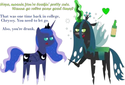 Size: 3503x2369 | Tagged: safe, artist:sketchmcreations, derpibooru import, princess luna, queen chrysalis, alicorn, changeling, changeling queen, pony, alcohol, chrysaluna, drunk, female, glowing horn, hearts and hooves day, holiday, hoof shoes, horn, inkscape, lesbian, magic, pointy ponies, shipping, simple background, telekinesis, transparent background, valentine's day, vector