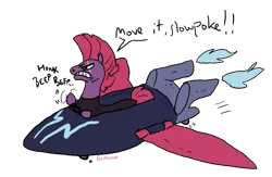 Size: 1280x832 | Tagged: safe, artist:goanna, derpibooru import, tempest shadow, pony, angry, beep beep, caption, dialogue, eye scar, female, mare, missing horn, nose wrinkle, scar, signature, simple background, sky skiff, solo, text, toy interpretation, transparent background