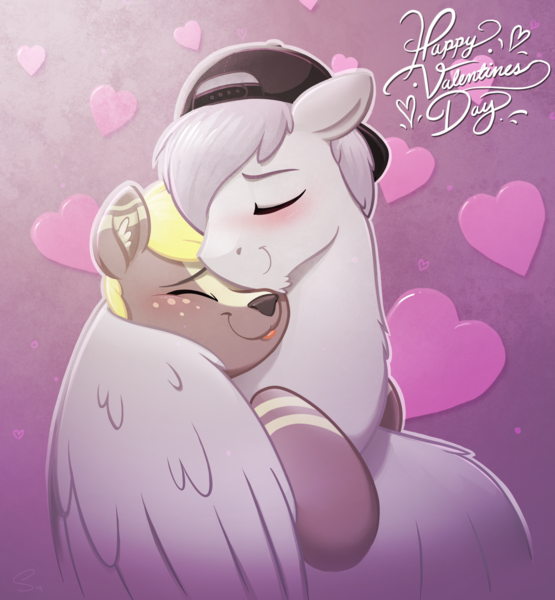 Size: 1977x2137 | Tagged: safe, artist:selenophile, derpibooru import, oc, oc:canvas, oc:seleno, unofficial characters only, :p, blushing, chin fluff, cute, floppy ears, furry, hat, heart, holiday, hug, male, silly, snuggling, stallion, text, tongue out, valentine, valentine's day