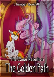 Size: 1129x1600 | Tagged: safe, artist:inuhoshi-to-darkpen, derpibooru import, oc, oc:sunbeam sparkle, pony, unicorn, fanfic, fanfic:the lunar rebellion, winningverse, duo, fanfic art, fanfic cover, female, mare, sitting, spirit, throne, unshorn fetlocks