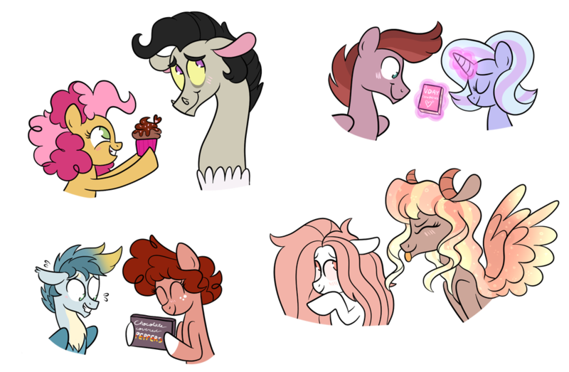 Size: 1024x669 | Tagged: safe, artist:ashidaii, derpibooru import, oc, oc:entropy, oc:glitz, oc:ocean breeze, oc:paprika, oc:posey, oc:silly string, oc:solstice, oc:zapp magnus, unofficial characters only, draconequus, earth pony, hippogriff, hybrid, pegasus, pony, unicorn, cupcake, female, food, interspecies offspring, magic, magical gay spawn, magical lesbian spawn, male, mare, offspring, parent:bulk biceps, parent:cheese sandwich, parent:discord, parent:flash magnus, parent:fluttershy, parent:gallus, parent:pinkie pie, parent:princess celestia, parent:rainbow dash, parent:sandbar, parent:starlight glimmer, parent:trixie, parents:cheesepie, parents:dashmagnus, parents:dislestia, parents:flutterbulk, parents:gallbar, parents:startrix, stallion, tongue out