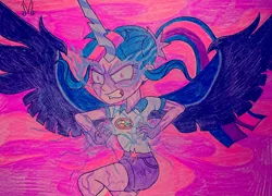 Size: 1280x920 | Tagged: safe, artist:malevolentsamson, derpibooru import, sci-twi, twilight sparkle, equestria girls, legend of everfree, angry, camp everfree outfits, clothes, magic, midnight sparkle, rage, shorts, traditional art, transformation