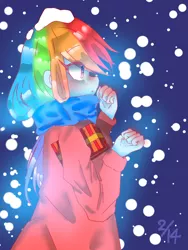 Size: 768x1024 | Tagged: safe, artist:sakurai, derpibooru import, rainbow dash, human, equestria girls, blushing, box, clothes, cute, dashabetes, eye clipping through hair, female, humanized, pixiv, present, profile, scarf, shirt, snow, snowfall, solo, winter