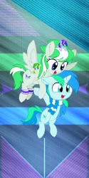 Size: 632x1264 | Tagged: safe, artist:aureai-sketches, artist:cyanlightning, artist:laszlvfx, derpibooru import, edit, oc, oc:blue sky lightning, oc:cyan lightning, oc:emerald lightning, oc:green lightning, unofficial characters only, pegasus, pony, unicorn, .svg available, absurd resolution, assisted flying, brother and sister, chest fluff, clothes, colt, duo, ear fluff, female, filly, flying, leg warmers, male, open mouth, plushie, scarf, siblings, spread wings, vector, wallpaper, wallpaper edit, wings