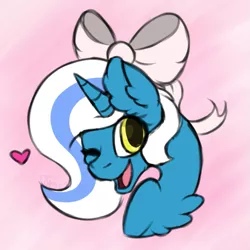 Size: 803x802 | Tagged: safe, derpibooru import, oc, oc:fleurbelle, alicorn, pony, adorable face, alicorn oc, bow, chest fluff, cute, female, hair bow, happy, heart, horn, long eyelashes, looking at you, mare, mouth, one eye closed, pink background, pink bow, ribbon, simple background, sweet, wings, wink, yellow eyes