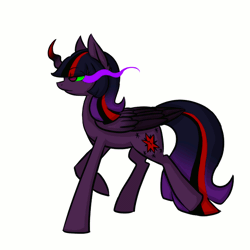 Size: 600x600 | Tagged: safe, artist:sinsays, derpibooru import, twilight sparkle, twilight sparkle (alicorn), alicorn, pony, ask corrupted twilight sparkle, animated, animation cycle, animation test, color change, colored, colored horn, corrupted, corrupted twilight sparkle, curved horn, dark, dark equestria, dark magic, dark queen, dark world, darkened coat, darkened hair, ear fluff, ethereal mane, female, gif, horn, jagged horn, magic, possessed, queen twilight, solo, sombra empire, sombra eyes, sombra's horn, tumblr, two toned wings, tyrant sparkle, walk cycle, walking, wings