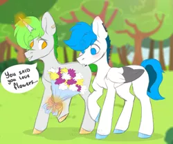 Size: 3865x3223 | Tagged: safe, artist:hellishprogrammer, derpibooru import, oc, oc:jeremy, oc:michael, unofficial characters only, pegasus, pony, unicorn, flower, gay, magic, male, stallion