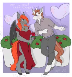 Size: 2371x2532 | Tagged: safe, artist:liilin, derpibooru import, oc, oc:diamond sword, oc:grem, anthro, bat pony, unicorn, anthro oc, bat pony oc, bat wings, big breasts, breasts, clothes, dress, female, flower, gremond, holiday, jewelry, male, necklace, ranchtown, rose, straight, valentine's day, wings